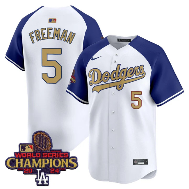 Men's Los Angeles Dodgers #5 Freddie Freeman White/Royal/Gold 2024 World Series Champions Vapor Limited Stitched Baseball Jersey Men's Los Angeles Dodgers #5 Freddie Freeman White/Royal/Gold 2024 World Series Champions Vapor Limited Stitched Baseball Jersey